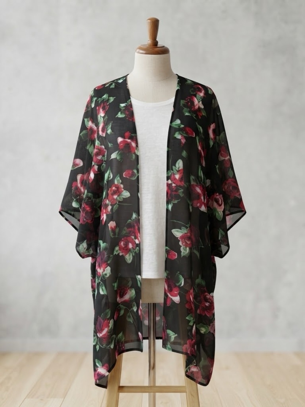 Streetwear Society Black Floral Chiffon Batwing Kimono Cardigan